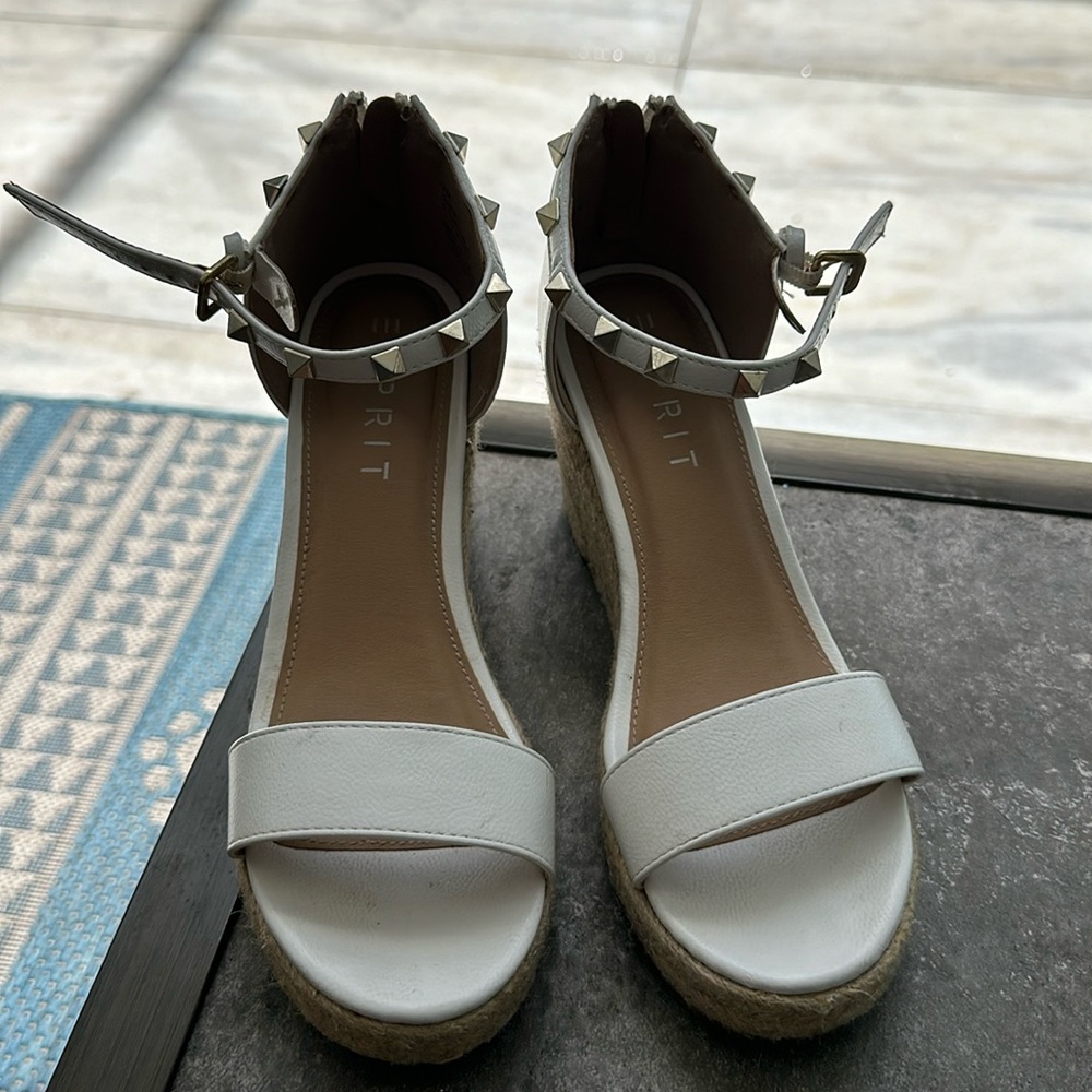 Esprit Romy White Espadrille Wedge Studded Ankle Strap Sandal
